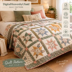 May include: A quilt pattern PDF file titled DigitalHeavenbyUbaid featuring a star-themed quilt design. The quilt displays a repeating block pattern with eight-pointed stars in muted yellow, blue, pink, and green floral fabrics on a cream background.