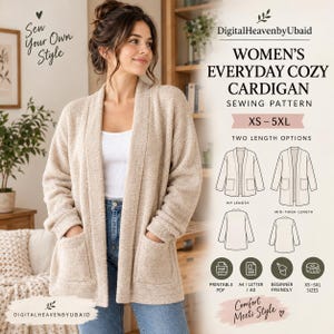 Peut inclure: Un gilet beige texturé ouvert sur le devant avec deux poches. L'image contient le texte : DigitalHeavenbyUbaid, WOMEN'S EVERYDAY COZY CARDIGAN SEWING PATTERN, XS-5XL, TWO LENGTH OPTIONS, ainsi que des icônes pour PDF, A4/LETTER/A0, débutant et tailles.