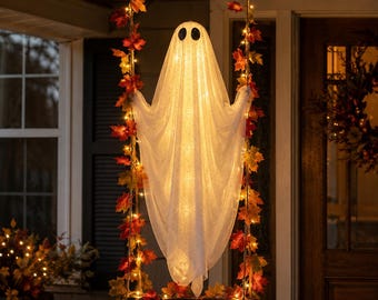 Decorazione a forma di fantasma per Halloween, altalena luminosa da appendere al portico per gli amanti di Halloween, 3 misure