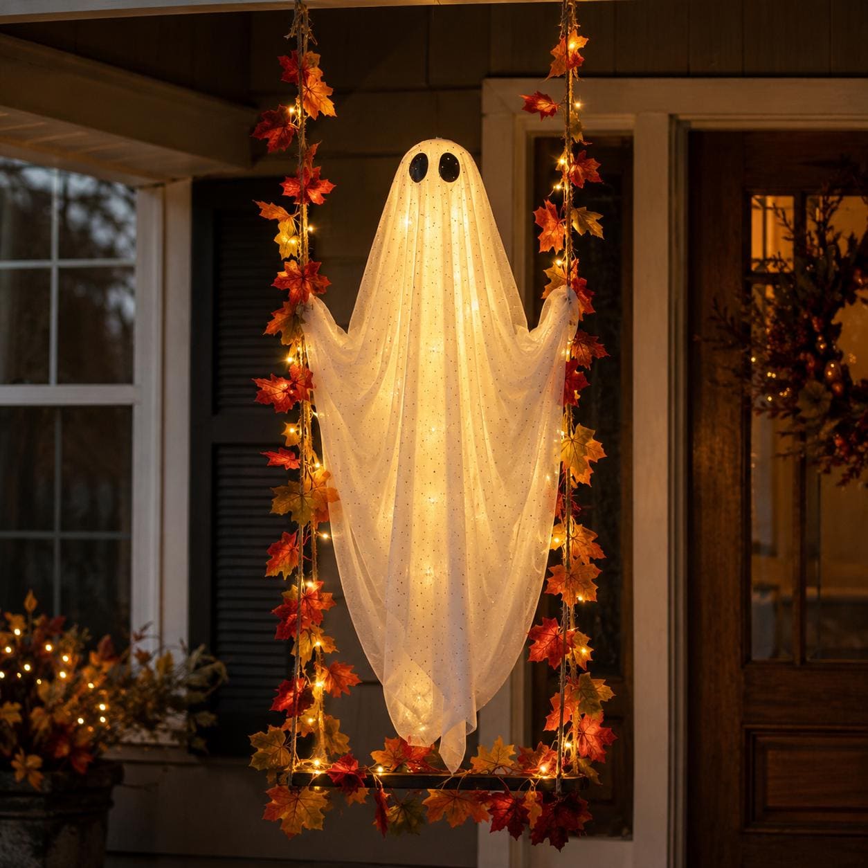 Lighted Halloween Ghost Swing | Hanging Porch Decoration with Warm String Lights, 3 Sizes
