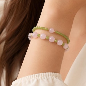 Chalcedony Beaded Bracelet Set, Pink Green Gemstone Bracelet, Stretch Bracelet, Stackable Bracelet, Handmade Jewelry Gift for Women