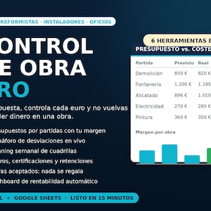 Puede incluir: Una plantilla de panel digital titulada CONTROL DE OBRA PRO que muestra una tabla comparativa de costes previstos frente a reales para tareas de construcción, con indicadores de estado y un gráfico de barras para el análisis de rentabilidad.