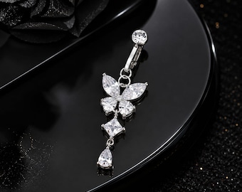 Clip On Belly Ring, Butterfly Crystal Navel Jewelry, Silver or Gold Belly Button Ring