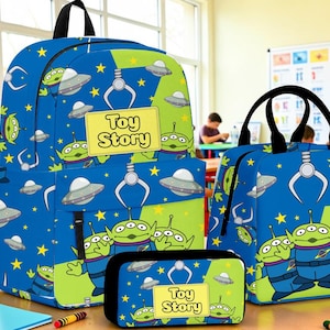 Three Aliens Backpack Set, Toy Story School Bag with Matching Lunch Bag and Pencil Case, Backpack for Kids