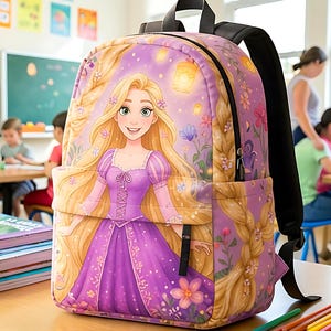 May include: A purple backpack featuring a graphic print of a long-haired character in a purple dress surrounded by flowers and floating lanterns. The backpack has black shoulder straps, a main zippered compartment, and a front zippered pocket.