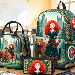 May include: A green backpack, lunch bag, and pencil case set featuring a cartoon girl with long curly red hair, a brown bear, a horse, and a castle. The items are decorated with a gold Celtic knot pattern, purple thistle flowers, and a target.