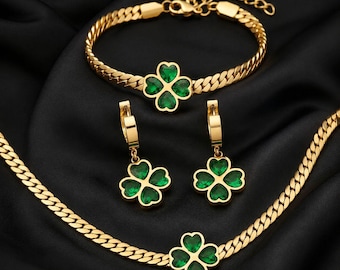 Gold Four-Leaf Clover Zircon Jewelry Set: Necklace, Bracelet, Earrings (Stainless Steel)