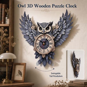 Kit de reloj de pared de péndulo de madera con forma de búho para armar, rompecabezas de madera en capas 3D, arte de pared de fantasía, manualidad para armar uno mismo, regalo de inauguración de casa