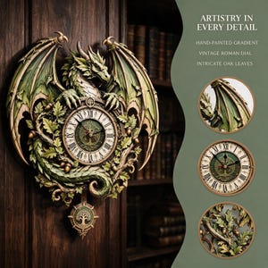 Puede incluir: Un reloj de pared con un dragón verde esculpido con las alas extendidas, rodeando una esfera circular con números romanos y un motivo de árbol central. El reloj incluye un péndulo con un emblema de árbol y hojas de roble.