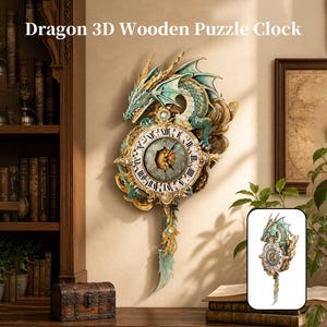 Kit de reloj de pared de madera con diseño de dragón para armar, rompecabezas de madera 3D de fantasía, reloj de péndulo para armar, decoración gótica para el hogar, regalo único para inauguración de casa.