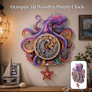 Puede incluir: Un reloj de pared de madera en 3D con forma de pulpo morado con tentáculos de manchas naranjas, que presenta una esfera circular central con números romanos, una ilustración de olas y un péndulo de estrella de mar roja.