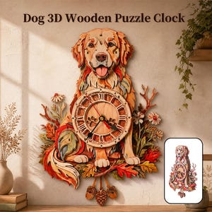 Puede incluir: Un reloj de pared de madera 3D con forma de perro golden retriever, con el texto Dog 3D Wooden Puzzle Clock. La esfera tiene números romanos y huellas, rodeada de hojas de otoño de madera, flores y piñas colgantes en capas.