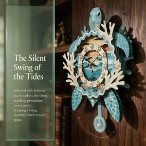Puede incluir: Un reloj de pared con forma de tortuga marina con caparazón azul verdoso, detalles de coral blanco y marcadores de hora de perlas. La esfera muestra una escena oceánica pintada con manecillas negras y un segundero rojo.