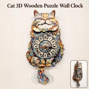 Kit de reloj de pared de péndulo de madera con diseño de gato colorido para armar, rompecabezas de madera 3D en capas, manualidad para armar, decoración para el hogar para amantes de los gatos, regalo de inauguración de casa