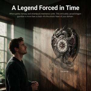 Puede incluir: Un reloj de pared con una escultura detallada de un dragón con las alas extendidas que rodea una esfera circular con números romanos. El reloj tiene un acabado metálico oscuro e incluye un elemento de péndulo oscilante.