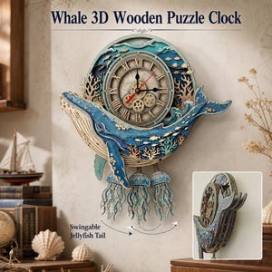Kit de reloj de pared de péndulo de madera DIY con diseño de ballena y océano, rompecabezas de madera en capas 3D, arte de pared marino, manualidad para armar, regalo de inauguración de casa