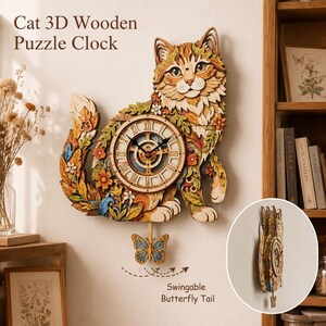 Kit de reloj de pared de péndulo de madera con diseño de gato para armar, rompecabezas de madera 3D en capas, manualidad para armar, decoración floral con diseño de gato para el hogar, regalo de inauguración de casa