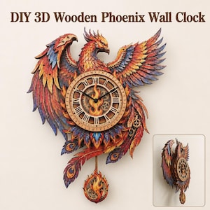 Kit para armar un reloj de pared con péndulo de madera con diseño de fénix, rompecabezas de madera 3D en capas, manualidad para armar, decoración para el hogar con diseño de fénix, regalo de inauguración de casa.