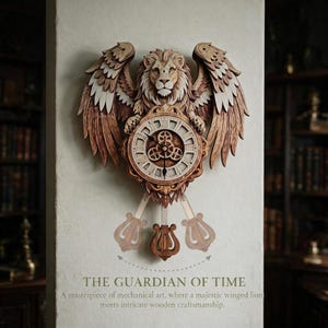 Puede incluir: Un reloj de pared de madera con un león alado tallado que sostiene una esfera circular con números romanos y engranajes visibles. Debajo del reloj cuelga un péndulo con forma de lira. El texto inferior dice THE GUARDIAN OF TIME.