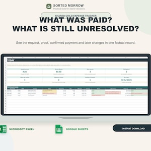 Peut inclure: Un tableur numérique de suivi des dépenses partagées pour enfants affiché sur un écran d'ordinateur portable. L'interface comprend des en-têtes comme WHAT WAS PAID? WHAT IS STILL UNRESOLVED?, des tableaux de données, des montants et des icônes Microsoft Excel et Google Sheets.