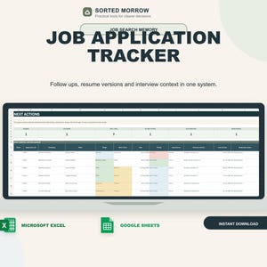 Job Application Tracker Spreadsheet, Resume Version and Follow Up Planner, Interview Organizer, Excel and Google Sheets