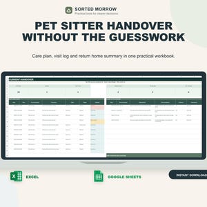 May include: A digital pet sitter handover workbook displayed on a laptop screen, featuring tables for care plans, visit logs, and return home summaries. The interface includes the text Sorted Morrow, Pet Sitter Handover Without The Guesswork, Excel, Google Sheets, and Instant Download.