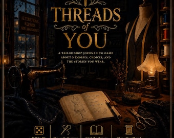 May include: A solo journaling game titled Threads of You featuring a vintage sewing machine, a dress form, a lamp, scissors, and an open book with handwritten text. The game includes icons for rolling a die, choosing a garment, stitching, and thread.