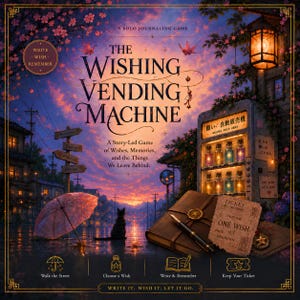 May include: The Wishing Vending Machine solo journaling game cover art features a sunset scene with a vending machine filled with glowing bottles, a leather journal, a fountain pen, and a ticket that reads One Wish, set against a town backdrop.