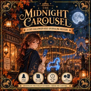 以下が含まれることがあります： The Midnight Carouselは、カードを持つ人物が描かれた紺色と金色の表紙のソロジャーナリングミステリーゲームです。デザインにはメリーゴーランド、満月、A4サイズや45〜90分のプレイ時間などのゲーム仕様に関するテキストが含まれています。