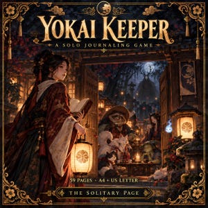 Può includere: Copertina del gioco di journaling in solitario Yokai Keeper con una persona in veste rossa che tiene una lanterna e un libro. La scena include creature mitiche, una foresta e un cancello al chiaro di luna. Testo: Yokai Keeper, A Solo Journaling Game, 59 Pages, A4 + US Letter, The Solitary Page.