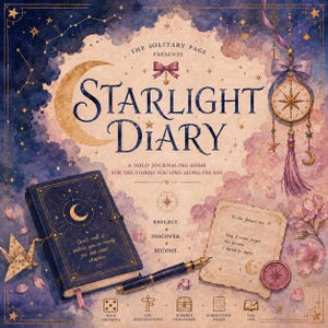 Pode incluir: Uma capa de jogo de diário solo Starlight Diary com um livro azul escuro com uma lua crescente dourada, uma caneta-tinteiro, um grou de papel e uma nota com texto. O fundo mostra um céu estrelado, nuvens cor-de-rosa e um pingente de bússola.