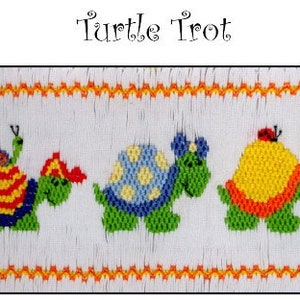 May include: Four embroidered turtles in a row on a white fabric. The turtles are wearing different hats and accessories. The first turtle is wearing a red and yellow striped shirt and a green hat with a snail on top. The second turtle is wearing a red baseball cap. The third turtle is wearing a blue and white polka dot shirt and a blue bow. The fourth turtle is wearing a yellow shirt with a red ladybug on top and a yellow hat.