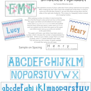 May include: A guide to smocking an alphabet with instructions on how to stitch the letters. The image shows the letters F, M, J, Lucy, Henry, and the alphabet in upper and lower case. The text includes the phrase "Smocked Alphabet" and "Sample on Spacing".