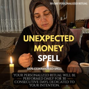 May include: A person wearing a dark patterned headscarf and black top holds brown prayer beads near two lit candles. Text reads: 30-DAY PERSONALIZED RITUAL, UNEXPECTED MONEY SPELL, 100% GUARANTEED SPELL, YOUR PERSONALIZED RITUAL WILL BE PERFORMED DAILY FOR 30 DAYS.