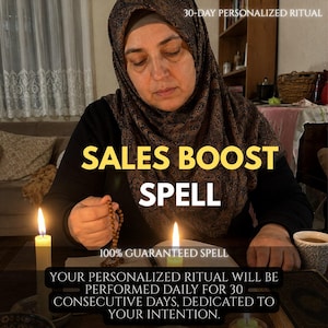 Peut inclure: Une personne portant un foulard à motifs sombres et un haut noir à manches longues tient des perles de prière en bois. Deux bougies allumées entourent un livre ouvert. Le texte indique : 30-DAY PERSONALIZED RITUAL, SALES BOOST SPELL, 100% GUARANTEED SPELL, YOUR PERSONALIZED RITUAL WILL BE PERFORMED DAILY FOR 30 CONSECUTIVE DAYS, DEDICATED TO YOUR INTENTION.