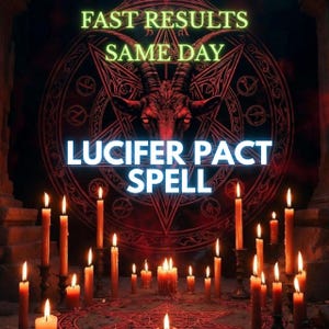 May include: A digital graphic featuring a central goat head silhouette against a red pentagram background, surrounded by numerous lit candles. The text reads FAST RESULTS SAME DAY and LUCIFER PACT SPELL in bold, glowing white and green lettering.