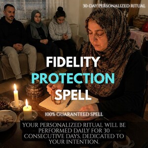 May include: A person wearing a patterned headscarf sits at a wooden table with an open notebook, a pen, and two lit candles. The text reads: 30-DAY PERSONALIZED RITUAL, FIDELITY PROTECTION SPELL, 100% GUARANTEED SPELL, YOUR PERSONALIZED RITUAL WILL BE PERFORMED DAILY.