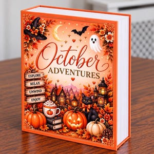 May include: A rectangular decorative box with an orange spine and cover featuring the text October Adventures. The illustration includes a black cat, pumpkins, a ghost, a bat, a crescent moon, autumn leaves, and signs reading Explore, Relax, Unwind, Enjoy.