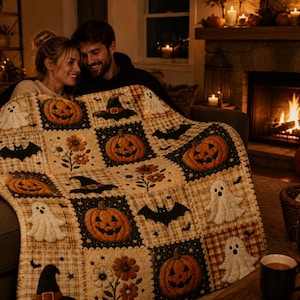 Könnte beinhalten: Eine Patchwork-Decke mit einem wiederkehrenden Muster aus orangefarbenen Kürbissen, weißen Geistern, schwarzen Fledermäusen, Hexenhüten und Herbstblumen. Das Design wechselt zwischen dunkel schwarzen und hellen beigefarbenen Karofeldern ab.