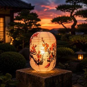 May include: A cylindrical paper lantern featuring a delicate hand-painted design of red and orange cherry blossom branches. The lantern is illuminated from within, casting a warm glow against the white paper surface and horizontal wire ribs.