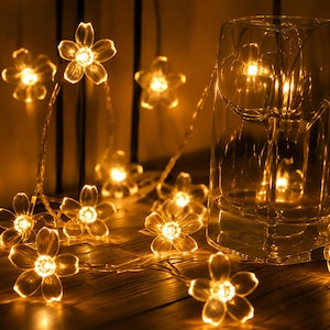 Pode incluir: Um fio de luzes LED com coberturas translúcidas em forma de flor de cinco pétalas que emitem um brilho dourado quente. As luzes estão dispostas em grupo, com alguns fios drapeados perto de um recipiente de vidro cilíndrico transparente.