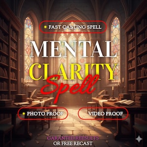 Puede incluir: Un gráfico digital que muestra el interior de una biblioteca con vidrieras, mesas de madera y libros. El texto dice: FAST CASTING SPELL, MENTAL CLARITY Spell, PHOTO PROOF, VIDEO PROOF, GARANTED REESULTS OR FREE RECAST en blanco, amarillo y rojo.