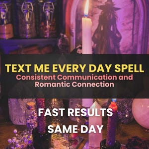 Puede incluir: Una vela blanca arde en el centro de un conjunto que incluye cristales, un pequeño frasco de vidrio con flores secas y una campana de metal. La imagen contiene el texto: TEXT ME EVERY DAY SPELL, Consistent Communication and Romantic Connection, FAST RESULTS, SAME DAY.