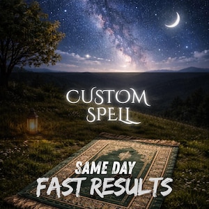 May include: A rectangular green prayer rug with intricate gold-toned patterns lies on a grassy hill under a night sky featuring a crescent moon and the Milky Way. The text CUSTOM SPELL is centered above, with SAME DAY FAST RESULTS printed below.