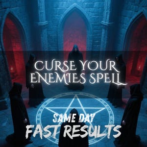 Puede incluir: Cinco figuras con túnicas negras con capucha se encuentran en una cámara de piedra con arcos y luz roja. Un pentagrama blanco brillante está en el suelo. El texto dice: CURSE YOUR ENEMIES SPELL, SAME DAY, FAST RESULTS.