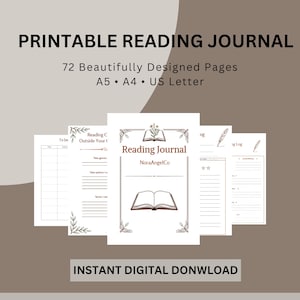 Puede incluir: Un diario de lectura imprimible con 72 páginas en tamaños A5, A4 y US Letter. La portada muestra el texto Reading Journal y NoraAngelCo con ilustraciones de libros. Las páginas interiores incluyen registros de lectura, listas y secciones.