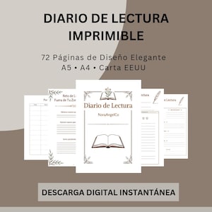 Puede incluir: Un diario de lectura imprimible de 72 páginas en tamaños A5, A4 y Carta EEUU. La portada muestra el texto 'DIARIO DE LECTURA IMPRIMIBLE', '72 Páginas de Diseño Elegante', 'A5 • A4 • Carta EEUU', 'Diario de Lectura', 'NoraAngelCo' y 'DESCARGA DIGITAL INSTANTÁNEA' con ilustraciones de libros y hojas.