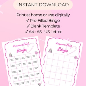 Puede incluir: Un juego de bingo Romance Book digital que incluye una tarjeta precargada y una plantilla en blanco. El diseño presenta bordes festoneados rosas, gráficos de corazones y pilas de libros. El texto incluye INSTANT DOWNLOAD, Print at home or use digitally, Pre-Filled Bingo, Blank Template y A4, A5, US Letter.