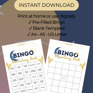 Puede incluir: Un juego de Bingo Romantasy Book digital que incluye una tarjeta prellenada y una plantilla en blanco. El diseño presenta una luna azul, una corona dorada e ilustraciones de dragones. El texto incluye INSTANT DOWNLOAD, Print at home or use digitally, Pre-Filled Bingo, Blank Template y A4, A5, US Letter.