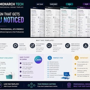 Puede incluir: Un conjunto de plantillas de currículum digitales titulado Monarch Tech, disponible en cuatro variantes de color: azul marino, gris pizarra, verde azulado y ciruela. El gráfico muestra secciones de diseño para habilidades técnicas, proyectos y experiencia.